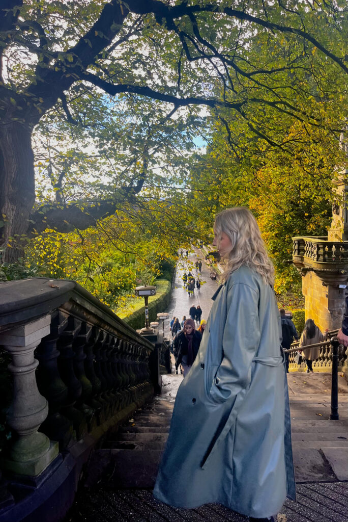 Princess Street Gardens - NE Staircase. Background View of Edinburgh Castle