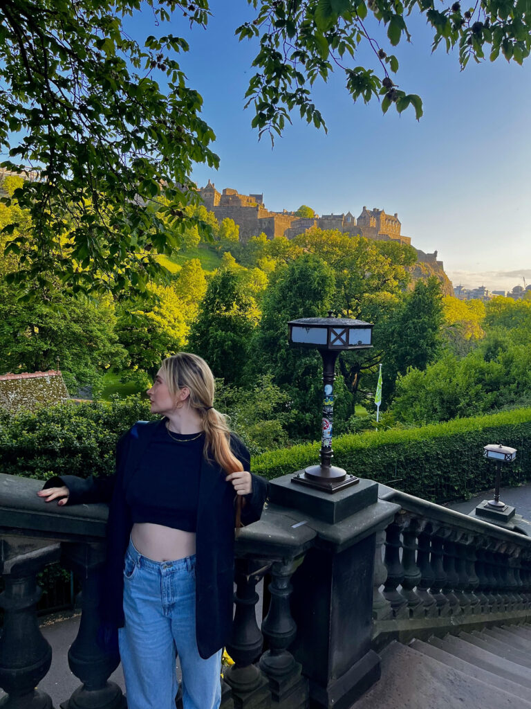 Princess Street Gardens - NE Staircase. Background View of Edinburgh Castle