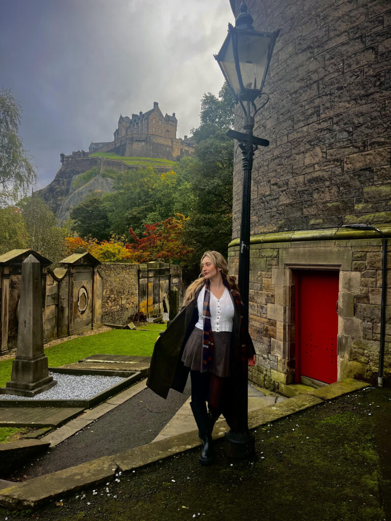 View of Edinburgh Castle from the Parish Church of St Cuthberts. Northern entrance to the Princess Street Gardens.