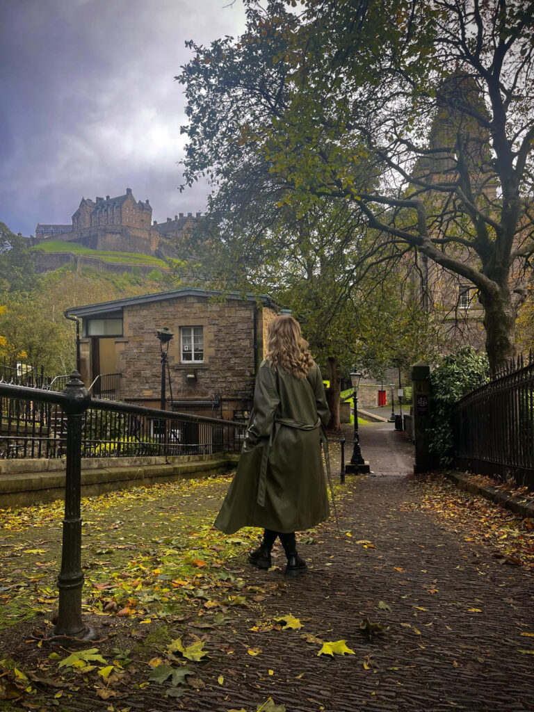 View of Edinburgh Castle from the Parish Church of St Cuthberts. Northern entrance to the Princess Street Gardens.