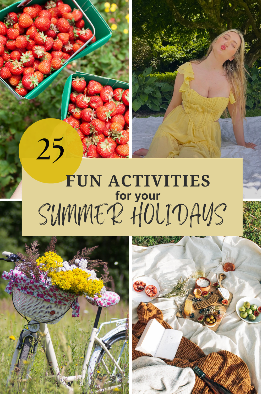 activities for summer holidays such as bike riding, fruit pikcing, picnics, and exploring nature