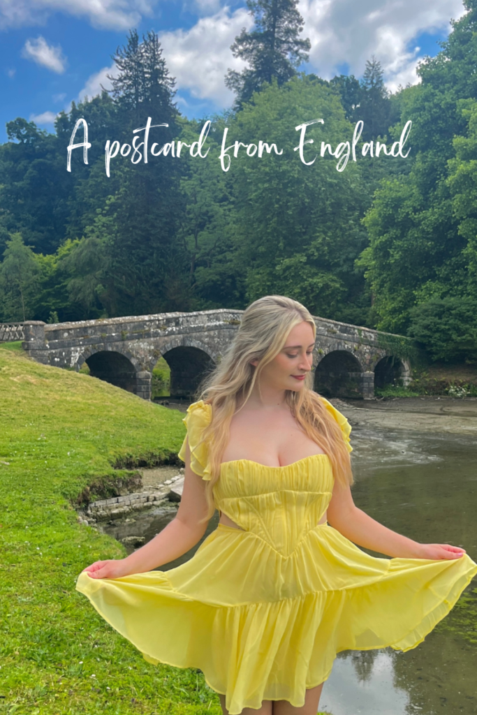 blonde woman in yellow dress at pride and prejudice set Stourhead national park