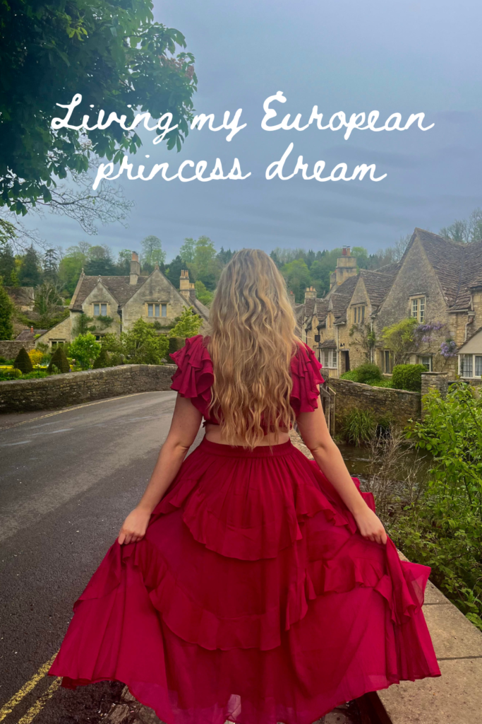 woman in red dress in the cotswolds, european holiday summer 