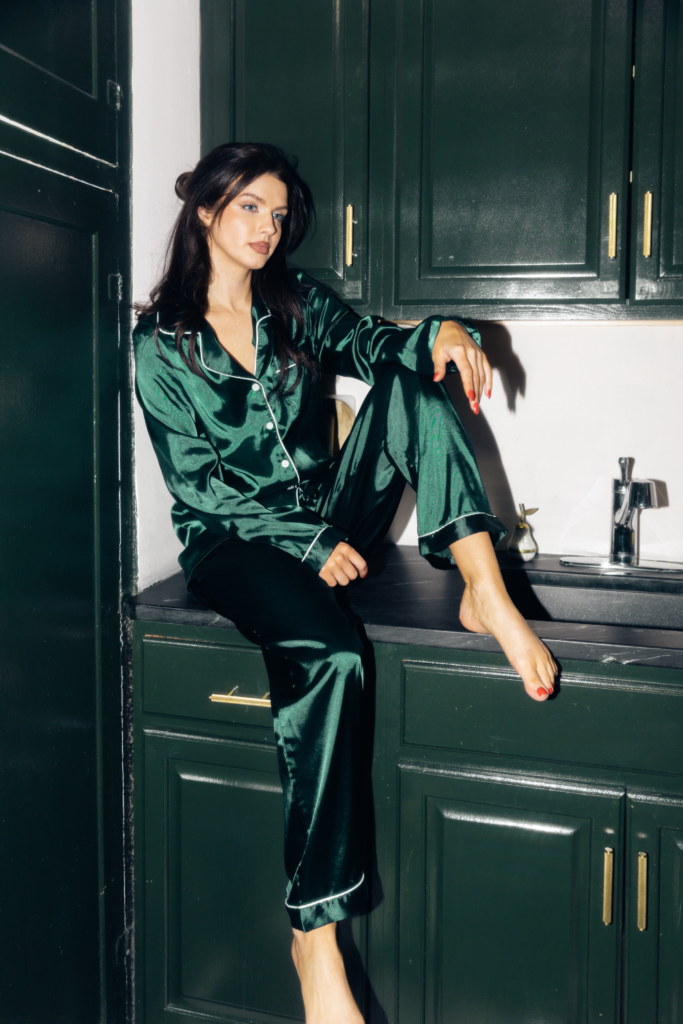 woman in green silky pyjamas 