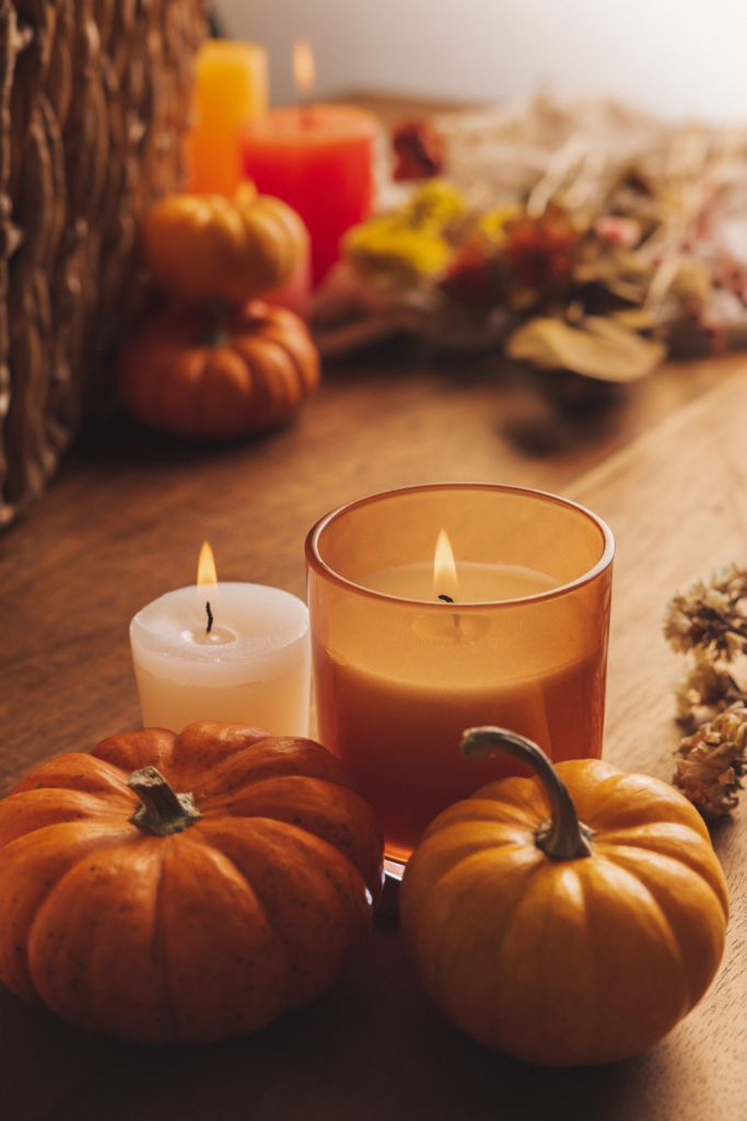 faux pumpkins and candles 