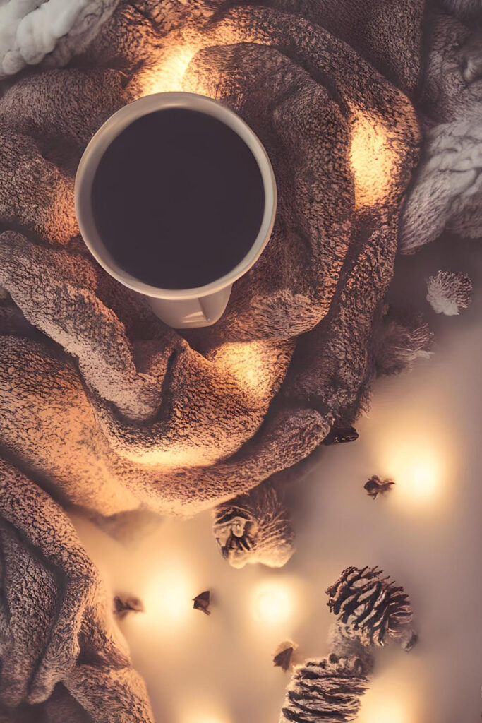 mug of coffee on fluffy blanket 