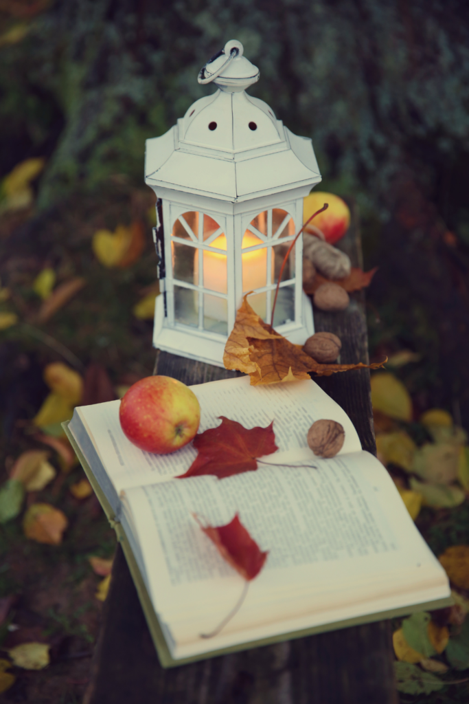 garden lantern with tea lights and garden apples in autumn 